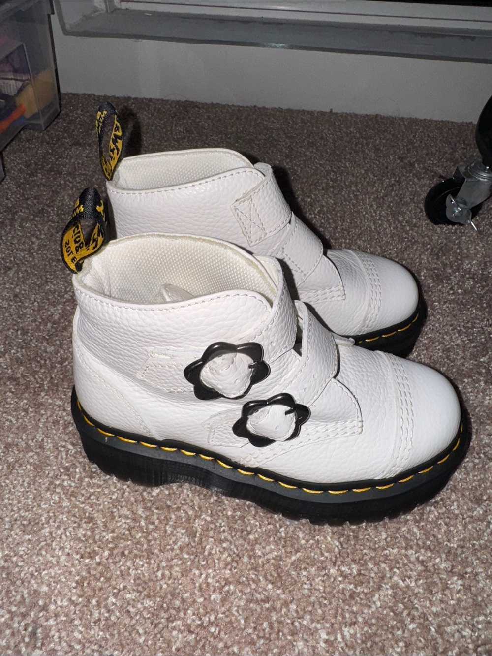 Dr. Martens White Leather Ankle Boots with Black Flower Buckles